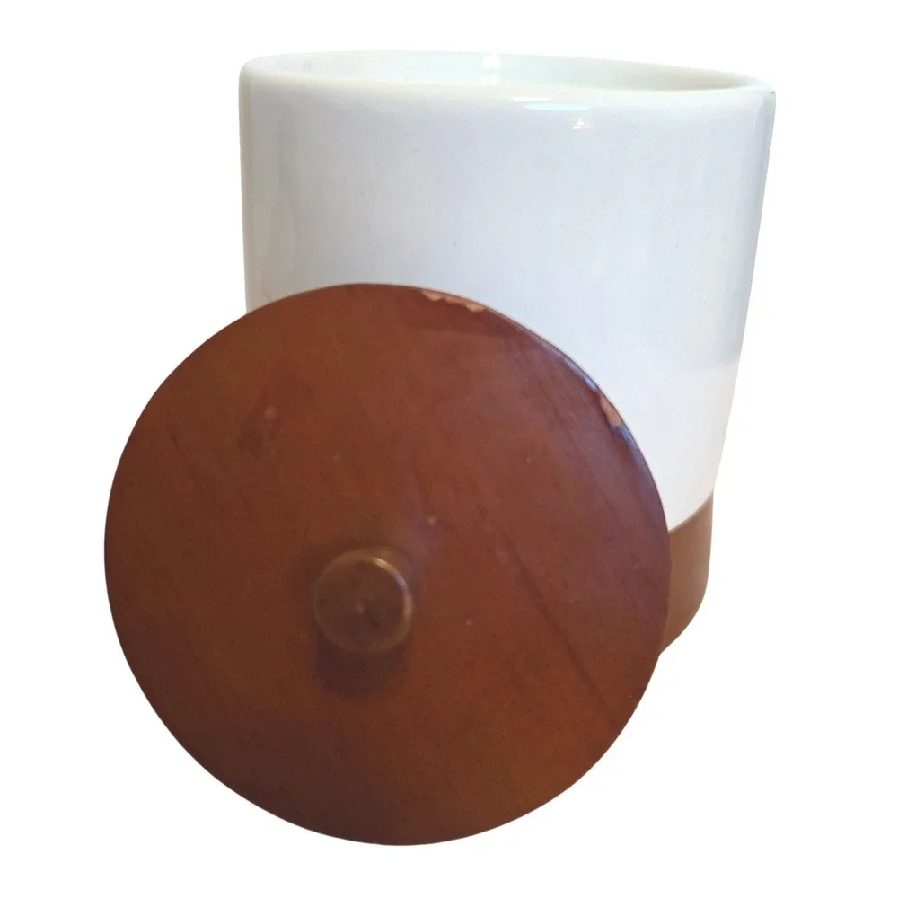 White Ceramic Canister with Wood Base and Lid Mid Century Modern Style